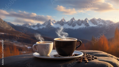 cup of hot coffee and mountains in the background
