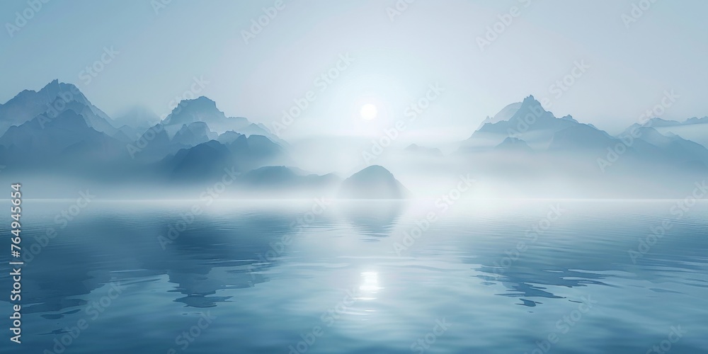 misty landscape with lake and mountains. 
