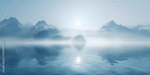 misty landscape with lake and mountains.  © CreativeCreations