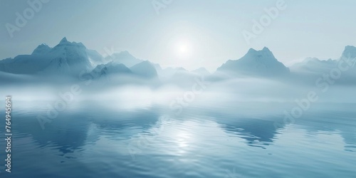 misty landscape with lake and mountains. 