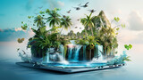 Digital Oasis. A surreal landscape emerges from a laptop screen, featuring a waterfall, tropical vegetation, birds in flight, and a serene sky.