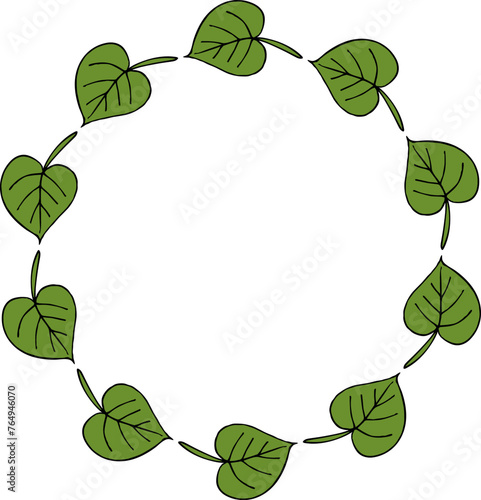 Round frame with wondrous green leaves on white background. Vector image.