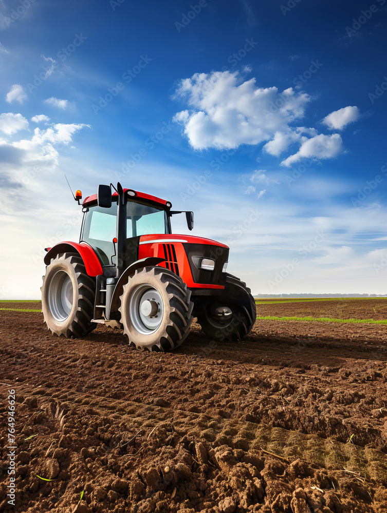 Farmer's red tractor in a field at agricultural work against a blue sky with copy space Farmer's red tractor in a field at agricultural work against a blue sky with copy space
