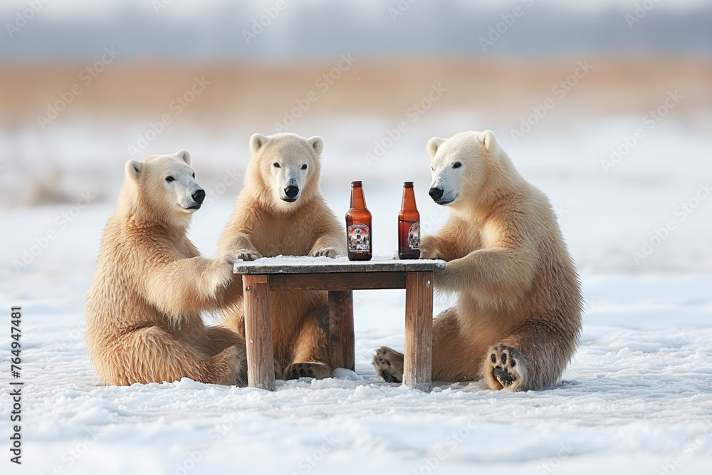 Niedźwiedzie z butelkami przy stole - obrazy, fototapety, plakaty 