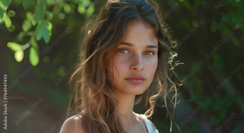 Serene Woman Showcasing Boho Waves Hairstyle in Sunlit Forest Setting Serene Woman Showcasing Boho Waves Hairstyle in Sunlit Forest Setting