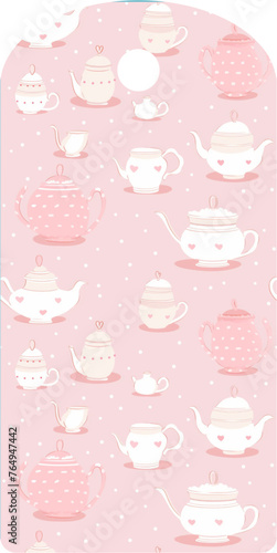 decorated label - pink - Country style vector graphics with cup, teapot,  sugar bowl - ideal as a package sealer, gift tag, jam, liquor, card, vases, bottles, for cricut, sublimation, cutting plotter