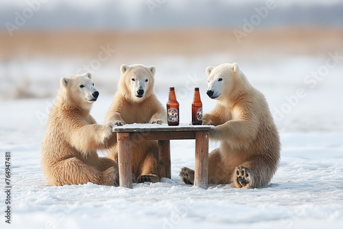 Niedźwiedzie z butelkami przy stole