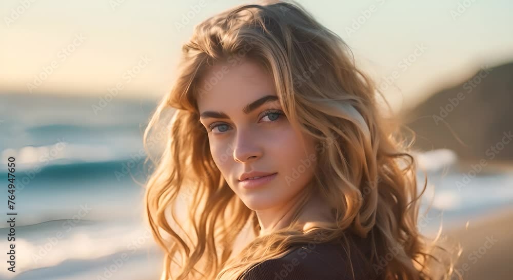 Serene Sunset Portrait of a Woman With Beachy Waves Hairstyle by the Ocean Serene Sunset Portrait of a Woman With Beachy Waves Hairstyle by the Ocean
