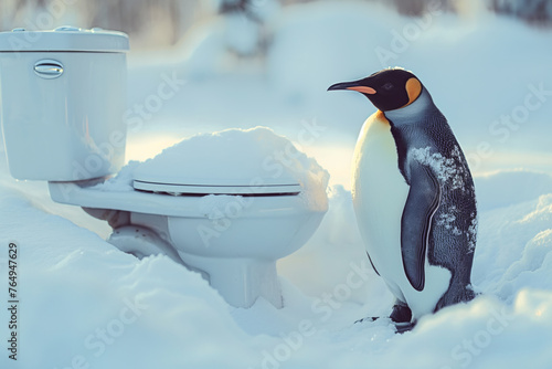 Zima, śnieg, toaleta i pingwin photo