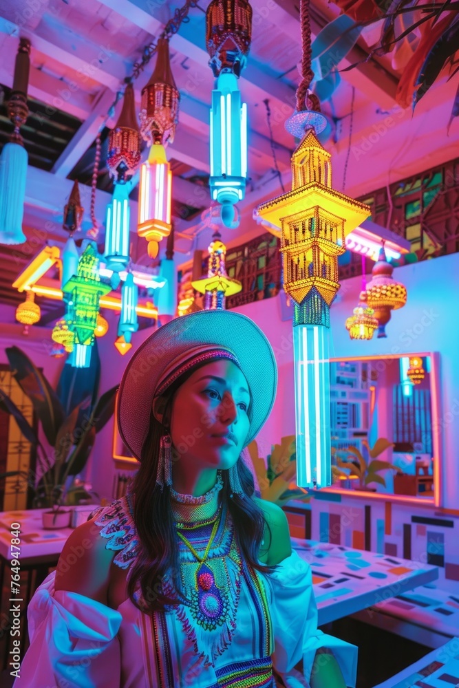 A stylized portrait of a woman inside a colorfully lit restaurant adorned with cultural decor