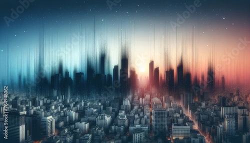 Futuristic Cityscape with Digital Signal Distortion Effect