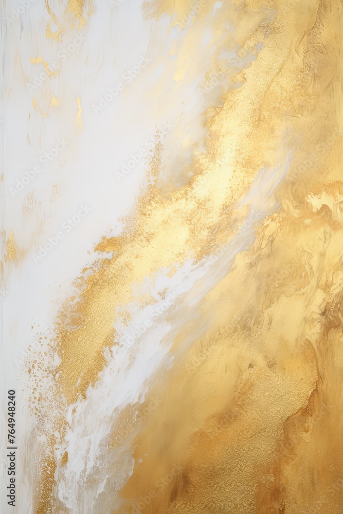 Gold and white painting with abstract wave patterns