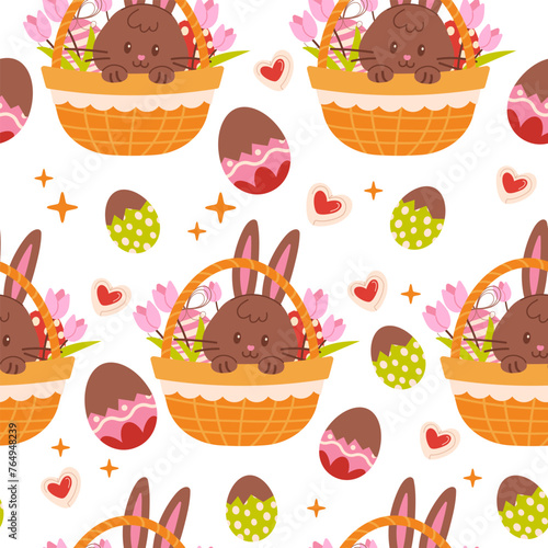 Seamless pattern with chocolate rabbits and eggs in basket. Seamless pattern with easter bunny and eggs. Easter seamless pattern, Easter symbol, decorative vector elements.
