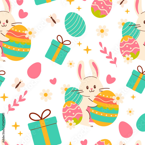 Seamless pattern with rabbits, presents and eggs. Seamless pattern with easter bunny and eggs. Easter seamless pattern, Easter symbol, decorative vector elements. Easter colored simple pattern.
