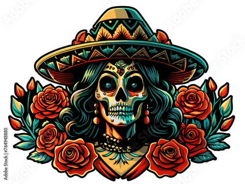 Mexican woman Mexico festive for festival dia de los muertos. Dead female skull adorned with roses and a traditional sombrero hat. Sugar skull