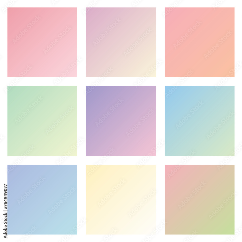Set of 9 beautiful soft pastel vector gradient backgrounds for your social media. Catchy colourful square wallpapers. Trendy gradient templates set.