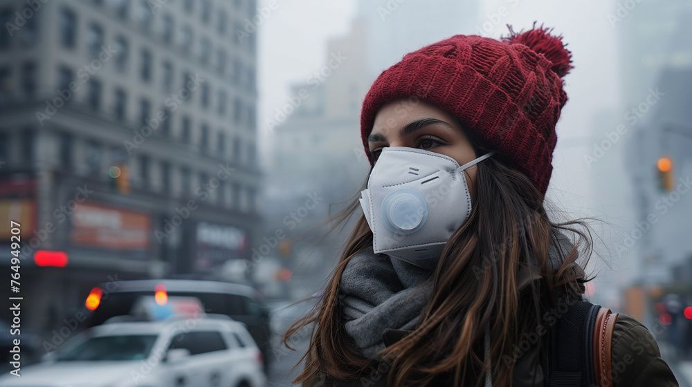 Side profile of a young woman wearing a red beanie and protective mask N95 on a foggy city street, depicting urban health precautions. Side profile of a young woman wearing a red beanie and protective mask N95 on a foggy city street, depicting urban health precautions.