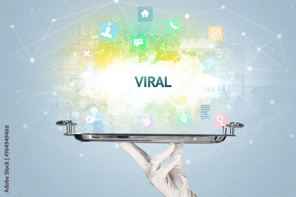 Waiter serving social networking concept Waiter serving social networking concept