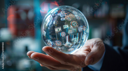 Businessman's Hand Holding Crystal Globe with Currency Symbols
