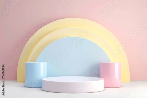 Abstract geometric podium set featuring realistic 3D cylinders in soft pastel tones.
