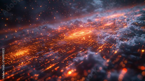 Futuristic digital landscape with glowing particles.