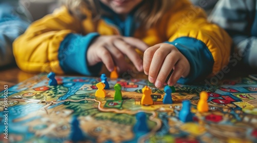 A little boy plays a board game  moves a figurine close-up. Family leisure. Fun at home with kids.