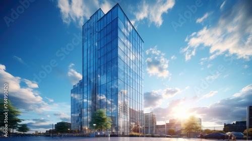 Photorealistic Tall building and behind it a beautiful and sky photo