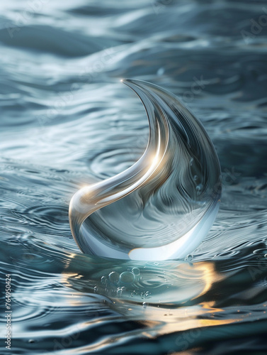 Abstract sculpture, glass, translucent, floating in a dreamlike underwater world, serene ambient lighting, 3D render, ethereal glow, water droplet lens effect photo