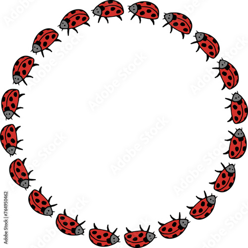 Round frame with wondrous ladybugs on white background. Vector image.