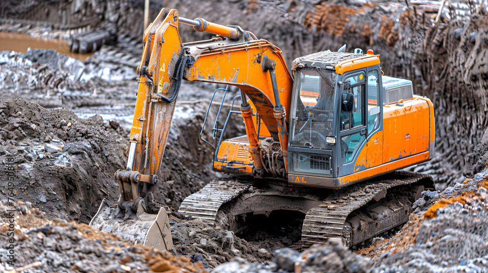 Fototapeta premium A yellow excavator is digging through a muddy field.