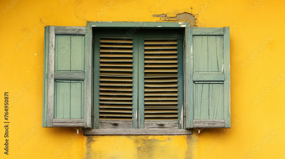 Vintage green shutters on a yellow cracked wall.