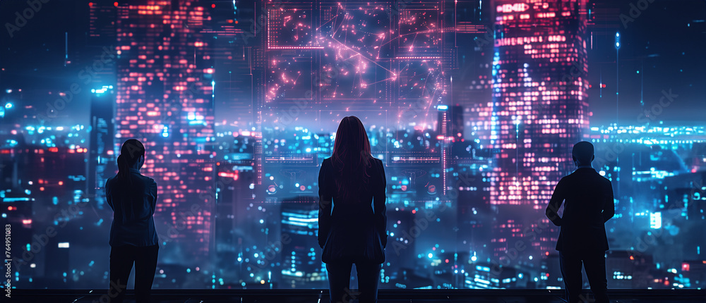 Woman wear suit and team holographic cityscape copy space background cover banner technology future city at night