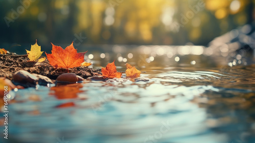 Depth of field, capturing of fallen autumn leaves in water and rainy weather. photo
