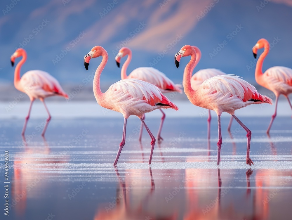 beautiful pink flamingos walk on the pink salt lake beautiful pink flamingos walk on the pink salt lake