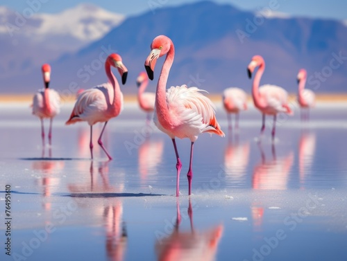 close up beautiful pink flamingos walk on the pink salt lake