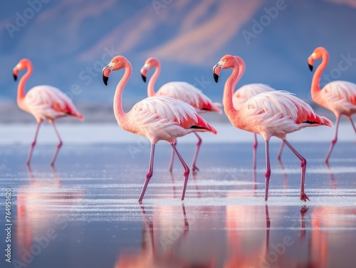  beautiful pink flamingos walk on the pink salt lake