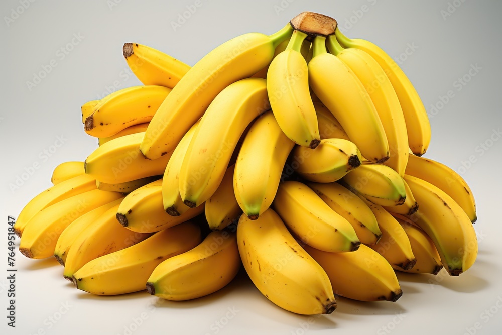 Bunch of isolated bananas in the white background. Mature bananas stapling route. , generative IA