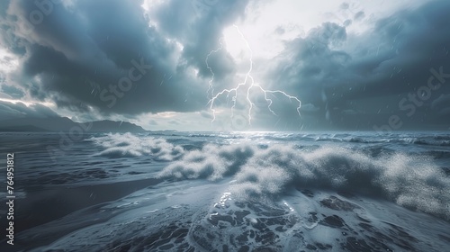 Electrifying Coastal Storm Dramatic Lightning Strikes and Turbulent Waves in a Captivating Seascape