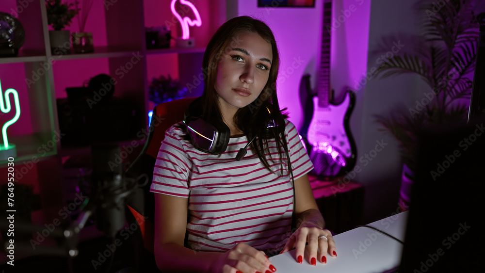 A young woman with headphones sits in a dark gaming room illuminated by neon lights at night.