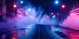 Atmospheric Night View Dark Street with Neon Lights and Smoke