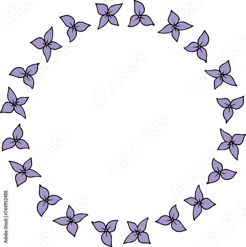 Round frame with wondrous violet flowers on white background. Vector image.