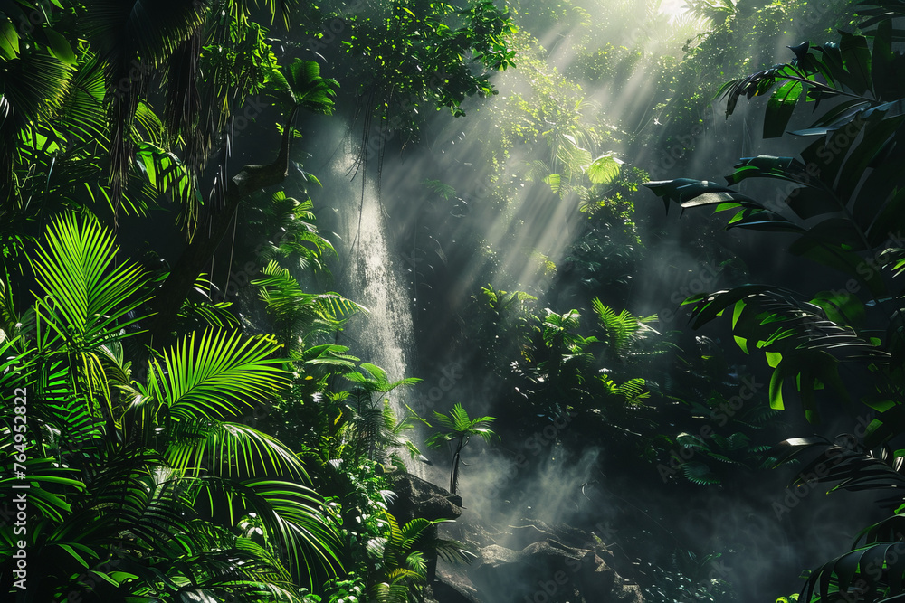 Dense, lush rainforest with a cascading waterfall, vibrant green foliage, mist rising from the falls, sunlight streaming through the canopy, mysterious and alive - obrazy, fototapety, plakaty 