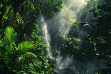 Dense, lush rainforest with a cascading waterfall, vibrant green foliage, mist rising from the falls, sunlight streaming through the canopy, mysterious and alive