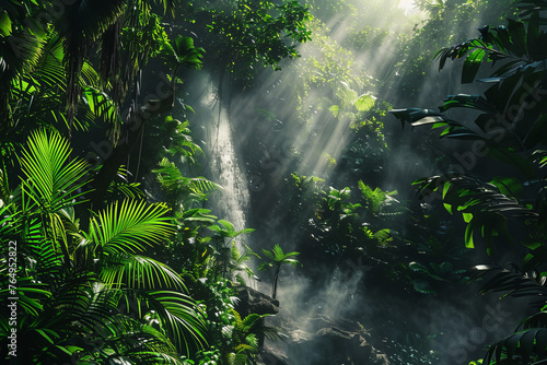 Dense, lush rainforest with a cascading waterfall, vibrant green foliage, mist rising from the falls, sunlight streaming through the canopy, mysterious and alive © Rassul