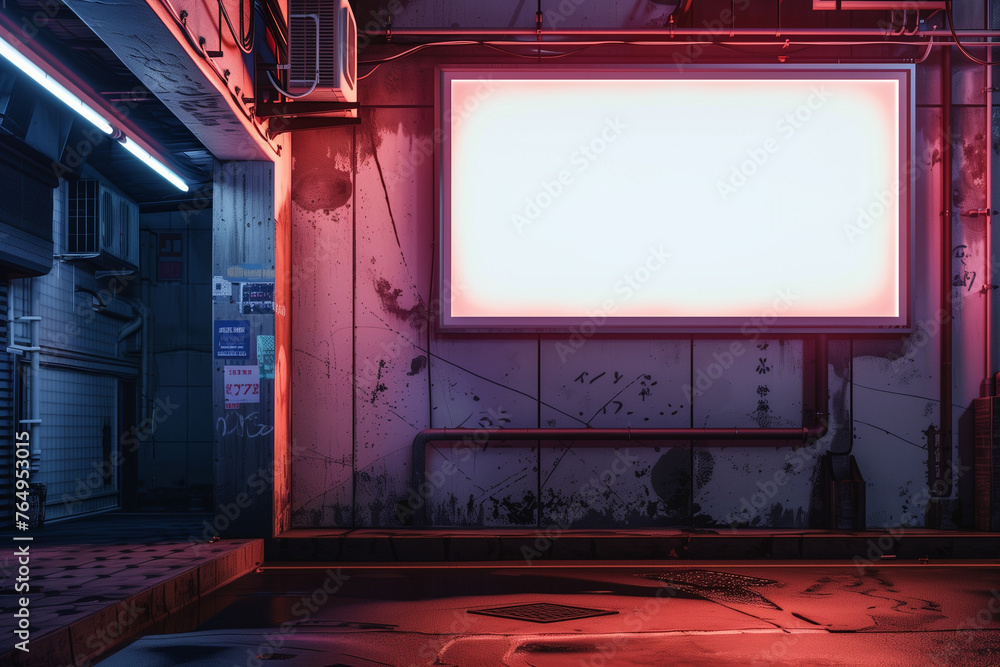 Blank billboard set against a neon-lit cyberpunk backdrop. Ideal for dynamic futuristic ads. Blank billboard set against a neon-lit cyberpunk backdrop. Ideal for dynamic futuristic ads.