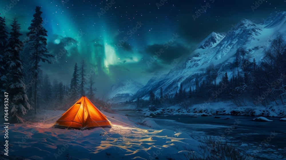 Camping in wild with tent and stunning aurora light at night. - obrazy, fototapety, plakaty 