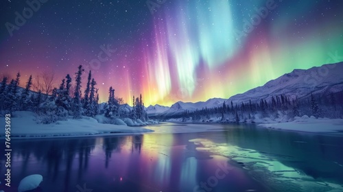 Beautiful aurora northern lights in night sky with lake snow forest in winter. photo