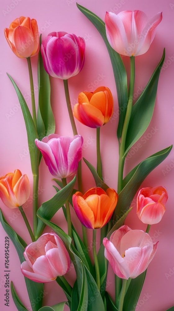 A well-composed photograph of various tulip colors and stages blending harmoniously on a pink surface A well-composed photograph of various tulip colors and stages blending harmoniously on a pink surface