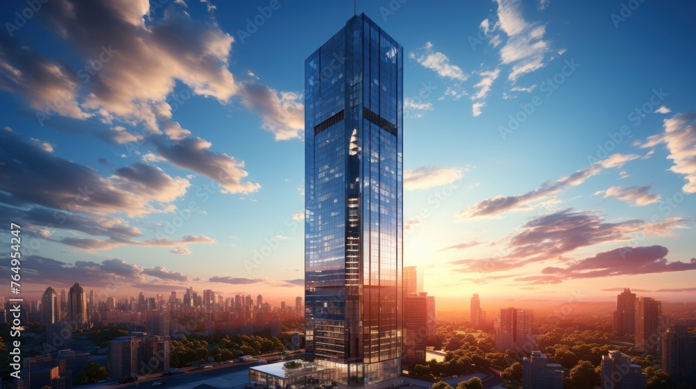 Photorealistic Tall building and behind it a beautiful and sky - obrazy, fototapety, plakaty 
