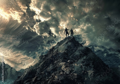 two climbers in a mountain during a storm. 